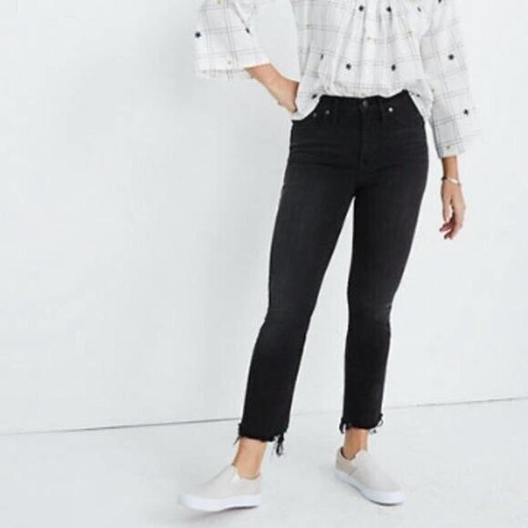M𝅺adewell Cali Demi-Boot Jeans 23 Berkeley Black Raw Chewed Hem Stretch - Picture 1 of 11